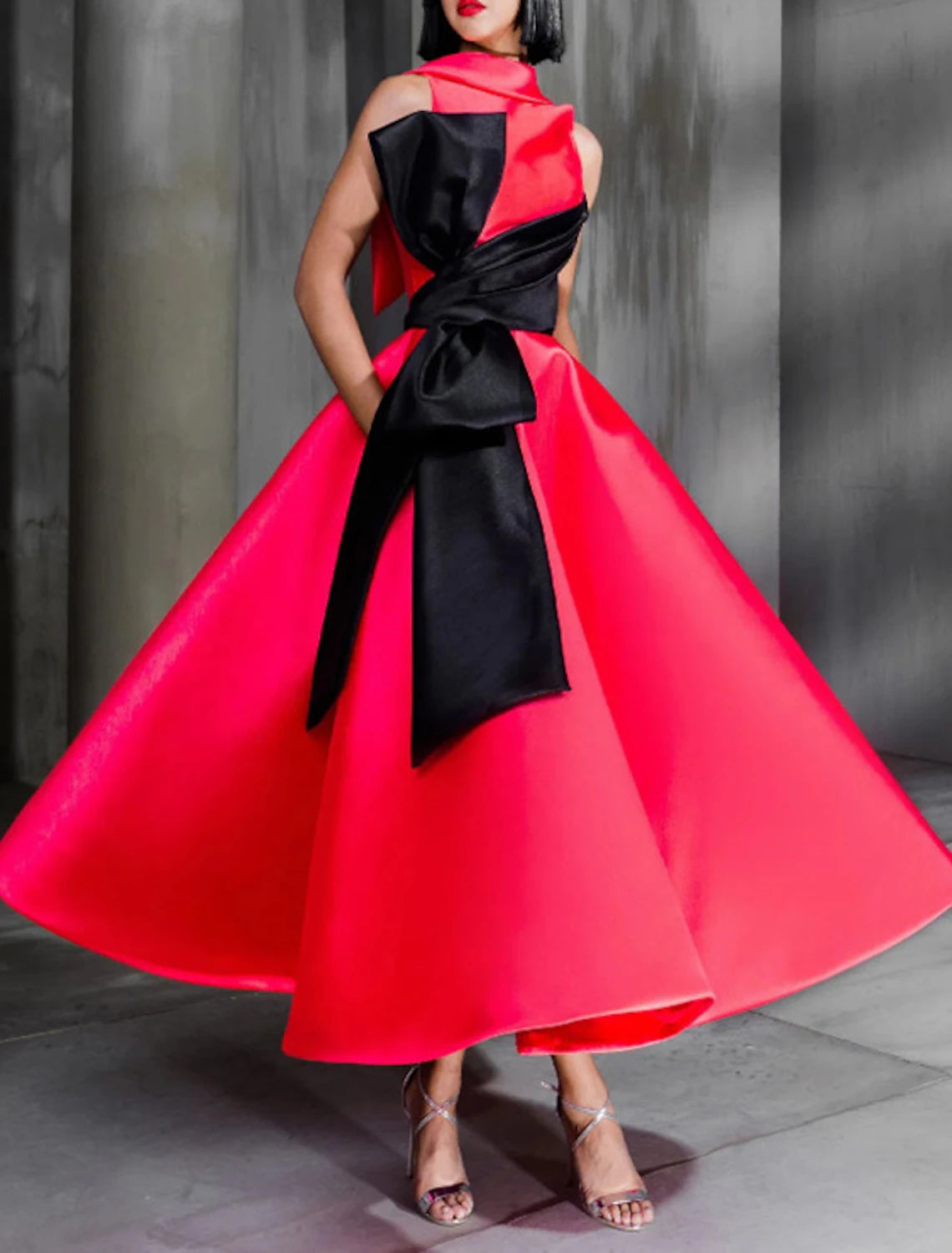 Exclusive Sale Ball Gown Color Block Celebrity Style Elegant Prom Formal Evening Birthday Dress High Neck Sleeveless Ankle Length Satin with Bow(s)