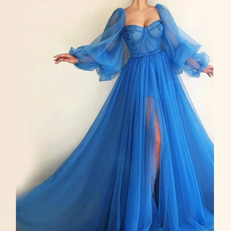 End - Of - Month Blowout Unique A-line Blue Tulle Long Sleeves Modest Prom Dresses, PD2121