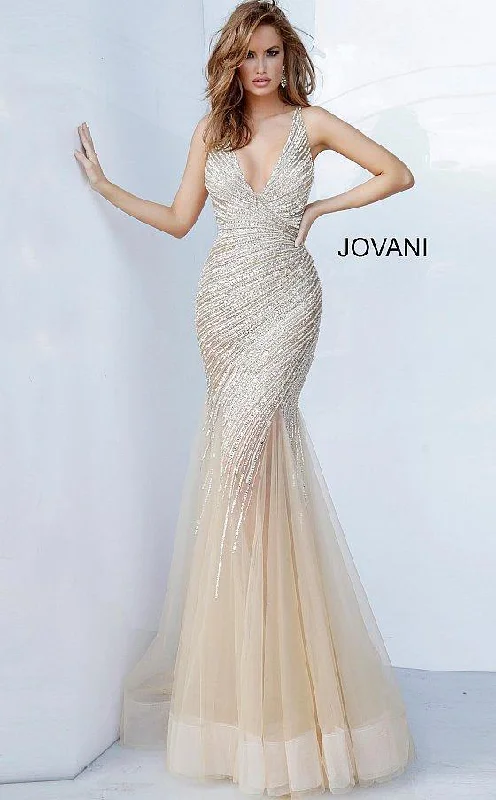 Feminine Soft - Hued Look Jovani 4741 Long Formal Beaded Prom Dress