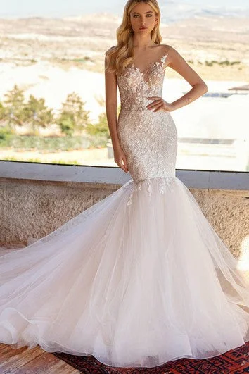 Special Offer Romantic Mermaid Bateau Floor-length Sleeveless Lace Wedding Dress with Appliques