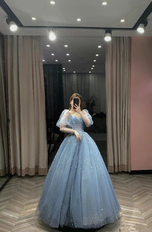 Winter Warm - Up Sale Blue Long Sleeves Prom Dresses A Line Sweetheart Tulle Long Prom Dress      S6428