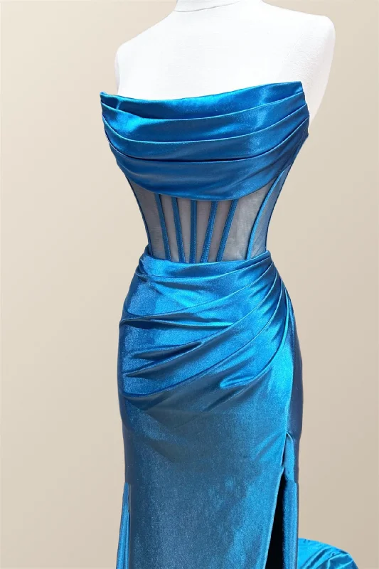 Special Occasion Wear Ruched Cowl Neck Blue Satin Mermaid Formal Dress