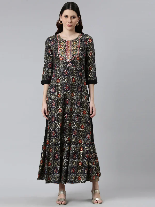 Art Deco Geometric Pattern Look Neeru's Black Printed Floral Dress