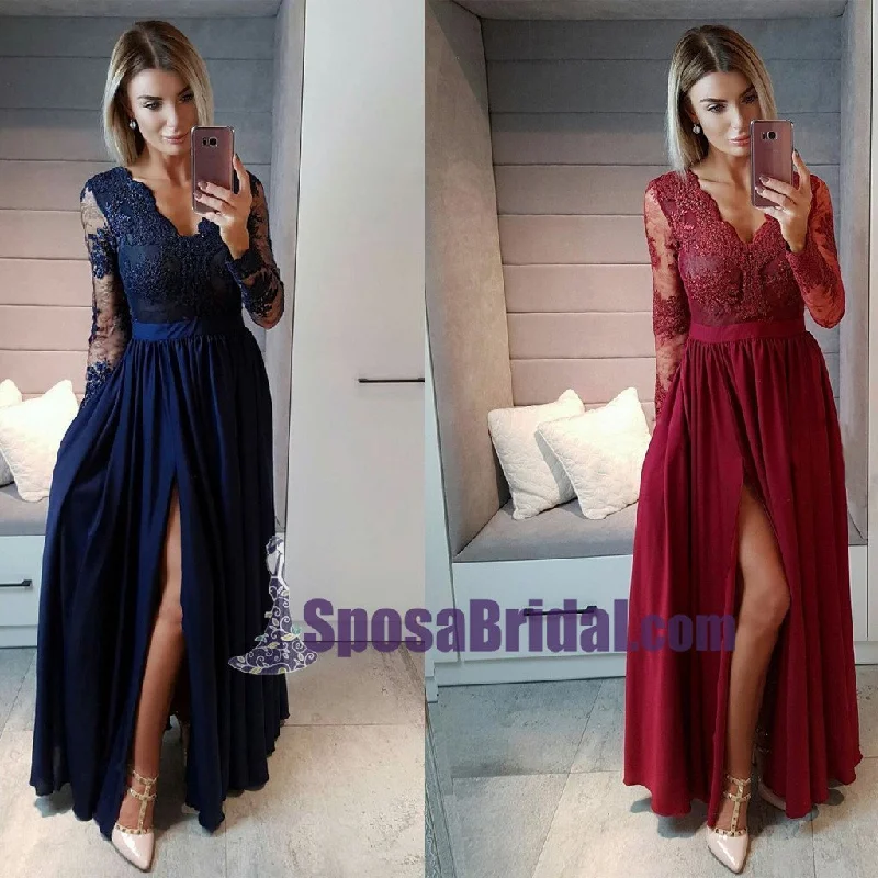 Today Only Long Sleeves Burgundy Blue Chiffon Popular Modest Prom Dress, PD0738