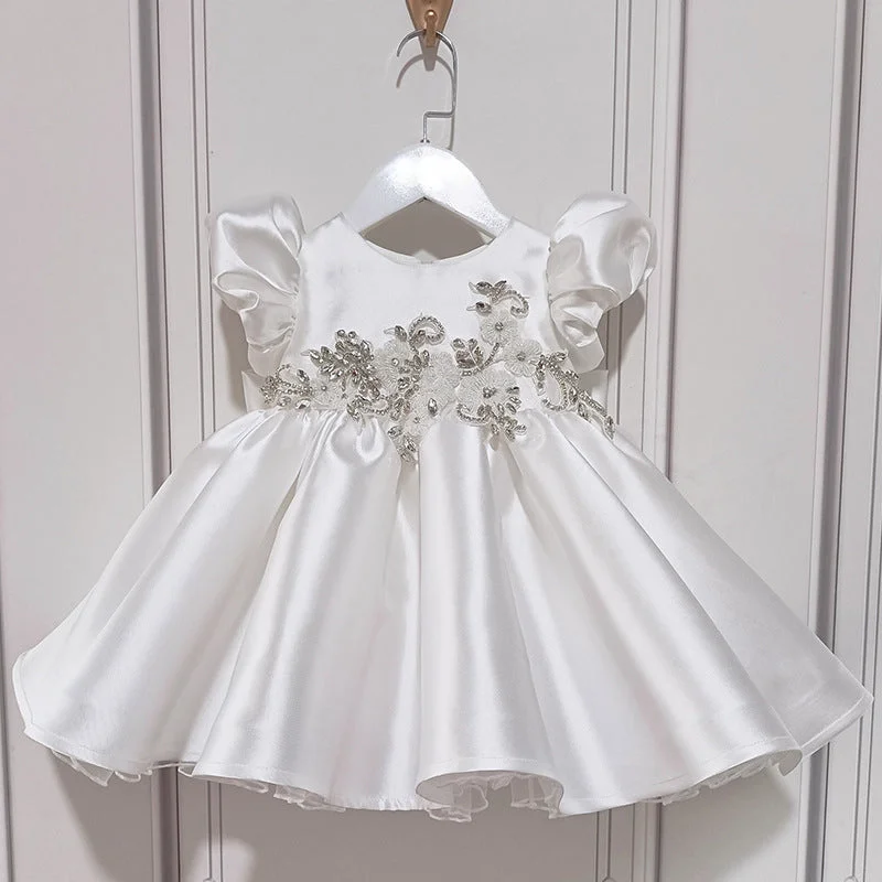 Big Savings Cute Baby Girl White Satin Three-dimensional Flower First Communion Dress Toddler Prom Dress