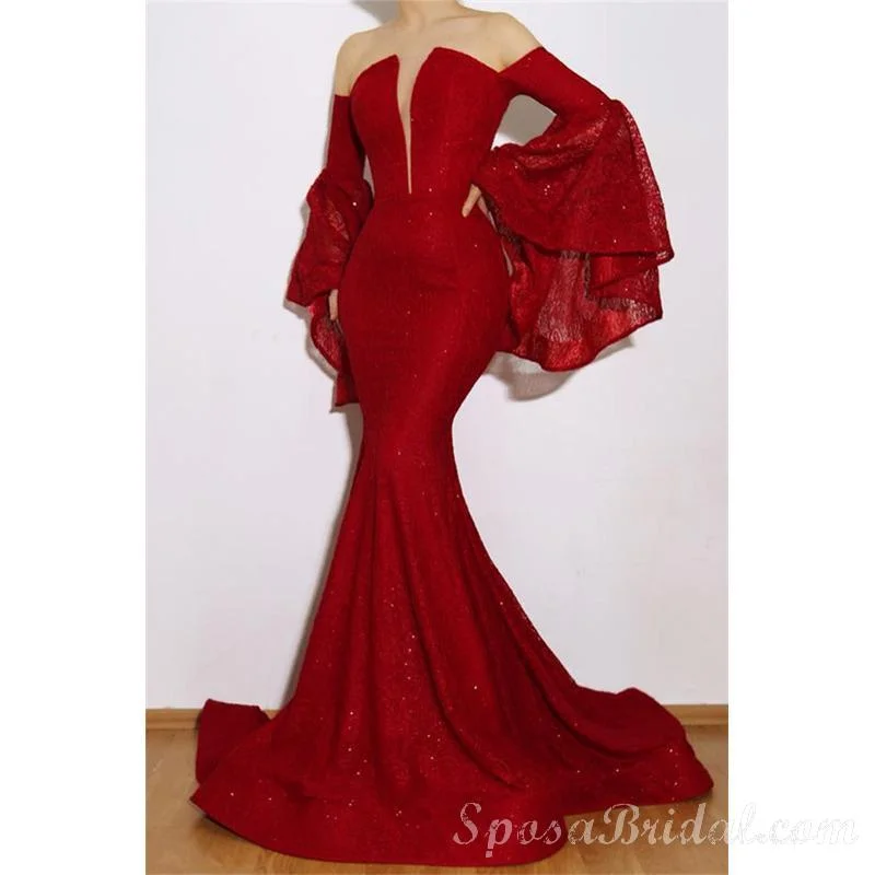 Y2K Nostalgic Fashion Look Unique Long Sleeves V-Neck Sequins   Strapless Ruffles Mermaid Prom Dresses, PD1341