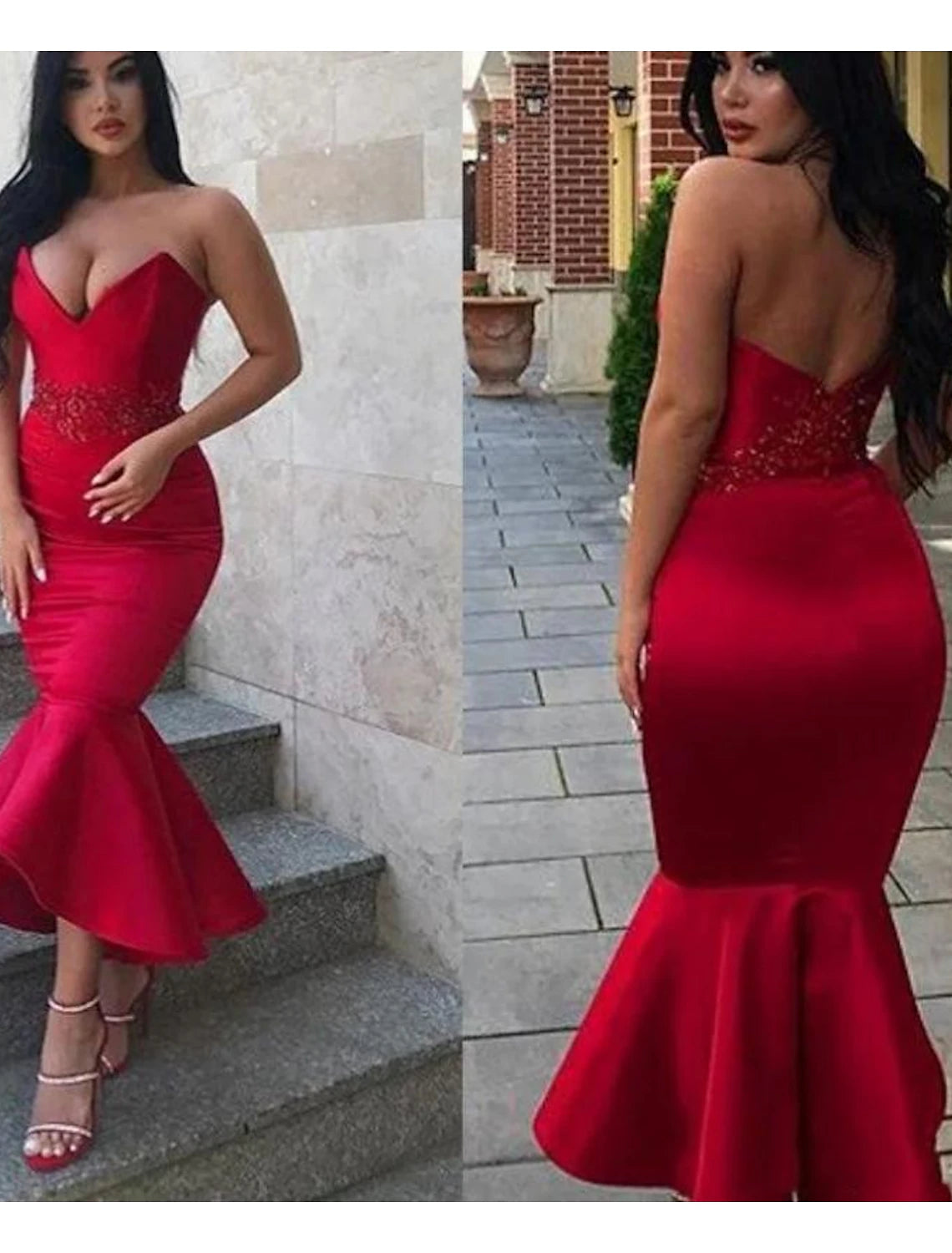 Mid - Week Surprise Mermaid / Trumpet Party Dresses Backless Dress Homecoming Cocktail Party Ankle Length Sleeveless V Neck Italy Satin Backless with Appliques