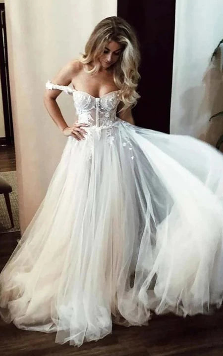 Special Occasion Wear Ethreal  Off-the-Shoulder Sweetheart A-line Tulle Wedding Dress with Floral Appliques