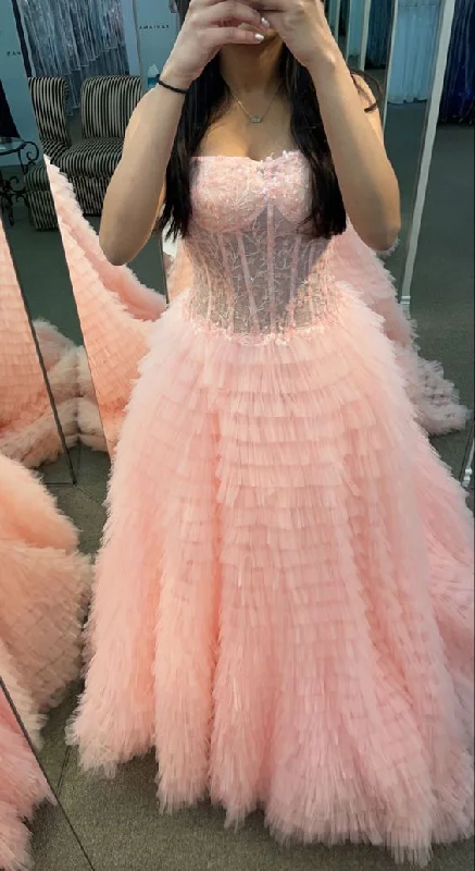 Limited Styles Pink Strapless Ball Gown Prom Dress with Sheer Lace Corset Bodice and Ruffle Skirt Y6688