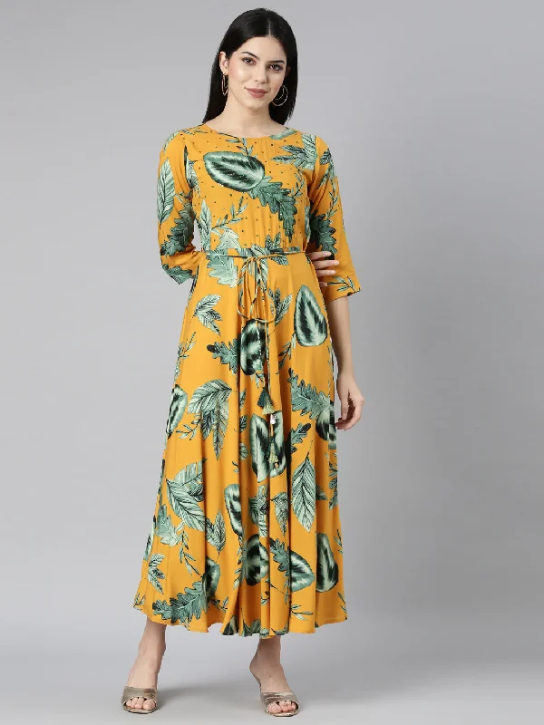 Special Offer Neerus Yellow Casual Floral Fit and Flare Dresses