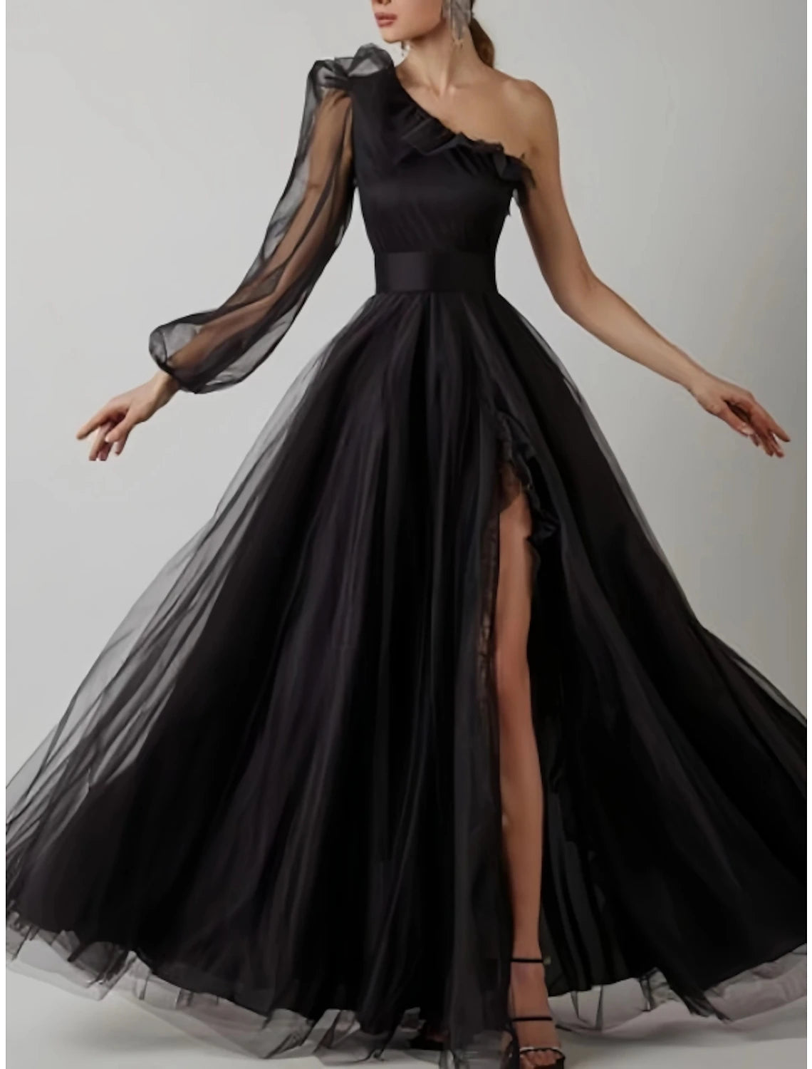 Fashionista Favorites Sheath Party Dress Prom Dresses Elegant Dress Prom Birthday Floor Length Long Sleeve One Shoulder Tulle with Pleats Ruffles Slit