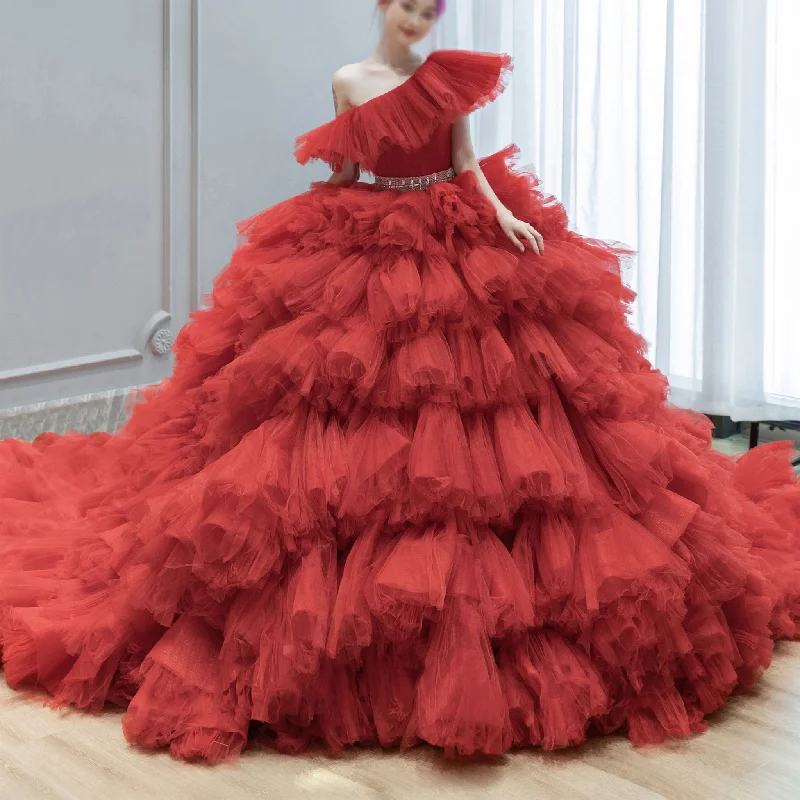 Exclusive Sale One Shoulder Ball Gown Tulle Red Wedding Dress Luxury Gown