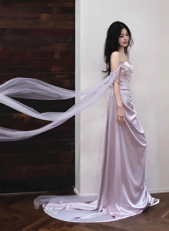 Grab Romantic Date - Night Styles Now Light Lilac Off Shoulder Sheath Satin Long Party Dress Birthday Outfits MD7435