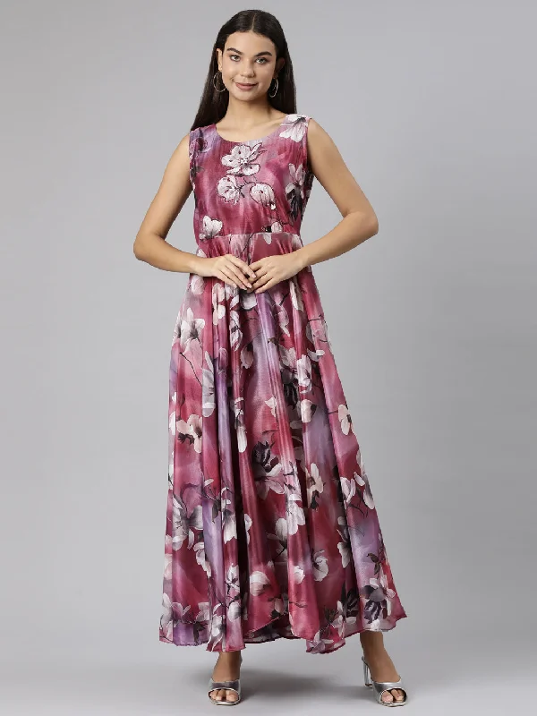 First Order Discount Neeru's Pink Flared Casual Floral Dresses