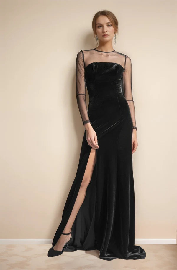 Fashion Deal Elegant Velvet tulle mesh long sleeves vintage Black Velvet Dress slit