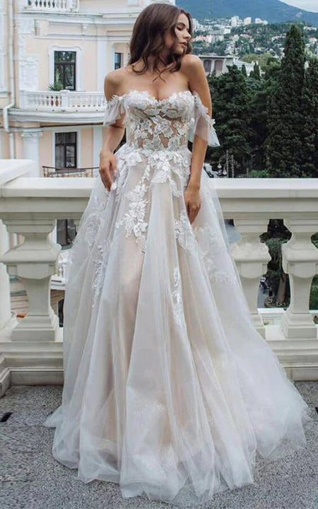 Clearance Event Sweetheart Off-the-shoulder Appliqued Ethreal A-line Wedding Dress