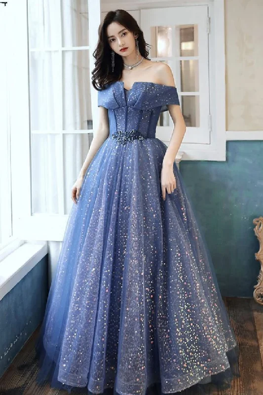 Y2K Nostalgic Fashion Look Blue Tulle Sequins Long Ball Gown Dress Formal Dress Y4907