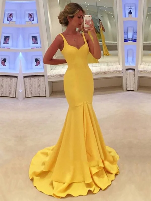 Disco - Inspired Retro Dance Look Silk Like Satin Trumpet/Mermaid Sweep Train With Ruffles Yellow Prom Dresses, Yellow Formal Dress