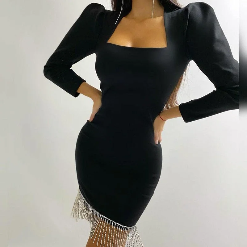 Fashion Sale BerriesJam - 2024 Square Collar Long Sleeve Slim Tassel Party Dress