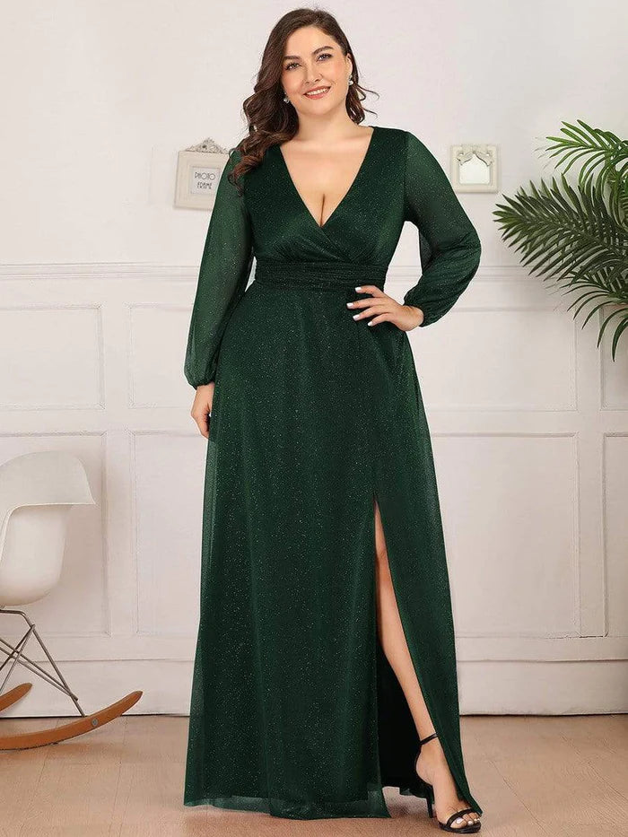 Chic Style Women's Sexy V-Neck Shiny Plus Size Evening Dresses with Long Sleeve