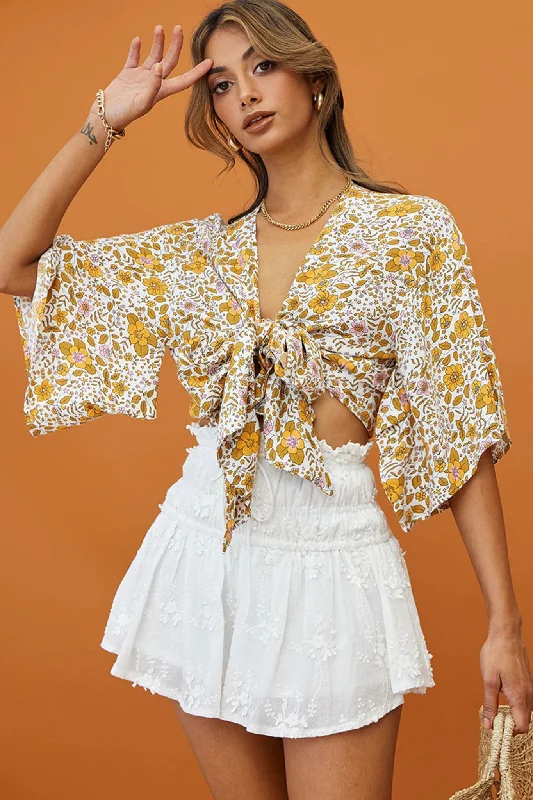 Disco - Inspired Retro Dance Look Rivera Deep-V Tie Front Crop Top Floral Print White/Yellow