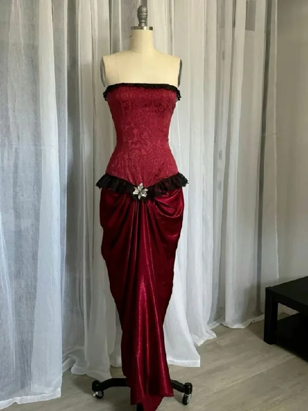 Limited Styles Wine Red Strapless Sheath Lace Satin Long Formal Evening Dress, MD7893