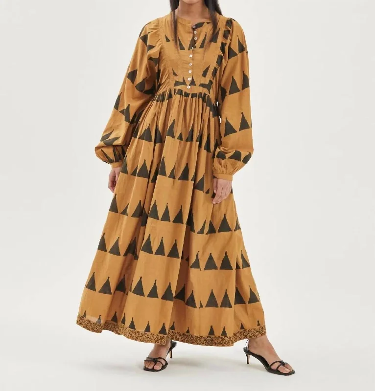 Stylish Looks Sanur Block Print Mascali Maxi Dress In Brown Multi