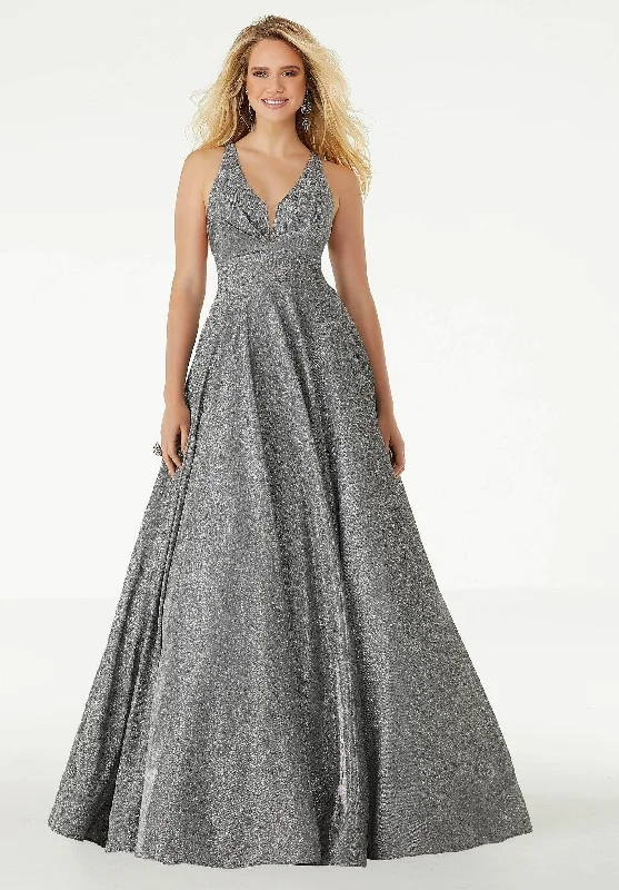 Women's Apparel Mori Lee - Plunging V Neck Glitter A-Line Dress 45087