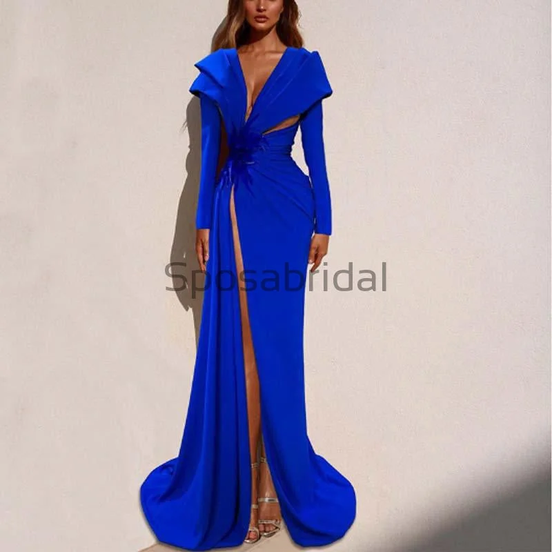 Feminine Soft - Hued Styles Affordable Blue Elegant Long Sleeves Side Slit Mermaid Formal Prom Dresses PD1971