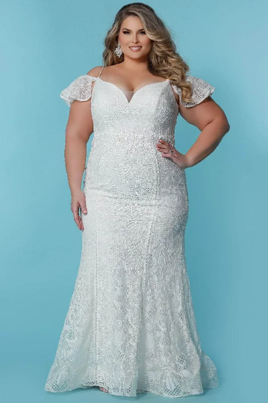 Today Only Sydney's Closet Bridal SC5297 - Lace Drape Sleeve V-Neck Wedding Dress