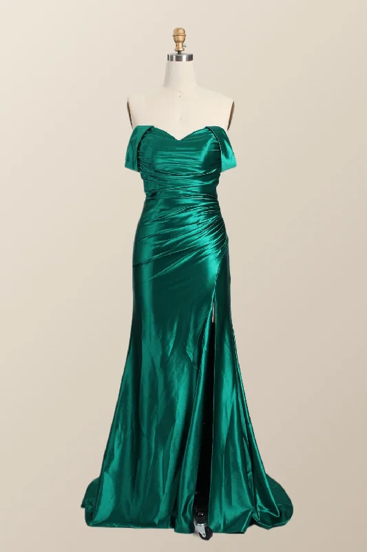 Exclusive Discount Off the Shoulder Green Satin Mermaid Formal Dress