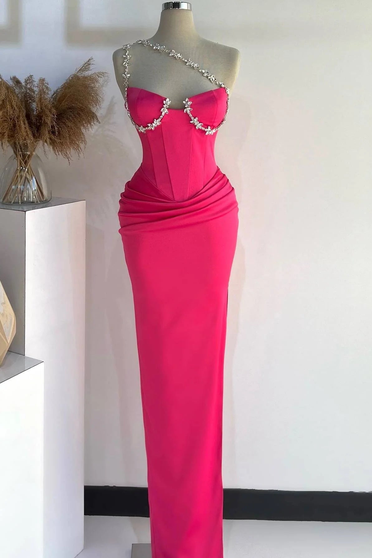 Disco - Inspired Retro Dance Look Hor Pink Straps Beading Satin Mermaid Long Evening Party Dress MD7750