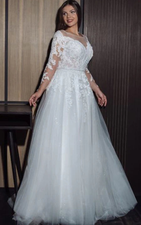 End - Of - Month Blowout Scoop-neck Illusion Long Sleeve Plus Size A-line Wedding Dress with Lace applique