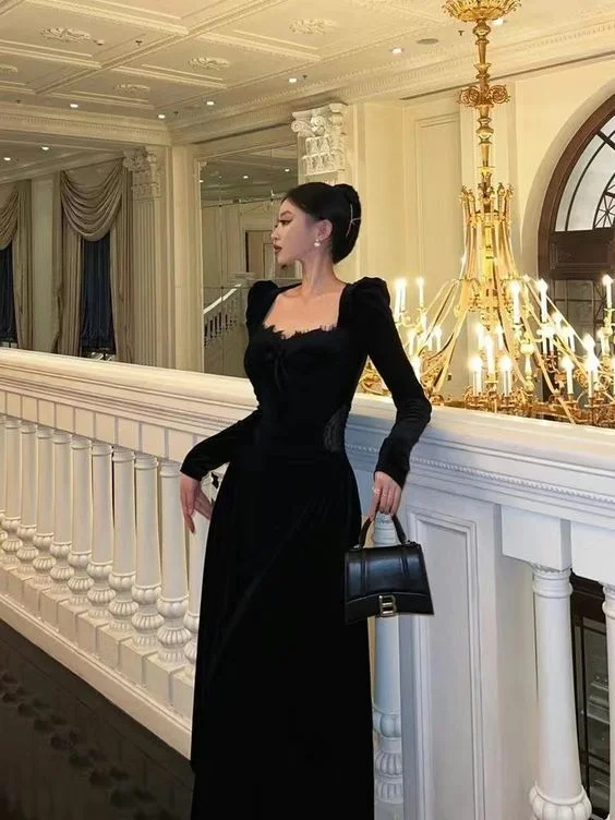 Today Only Elegant Black Long Sleeves A-line Prom Dress,Black Party Gown Y7083