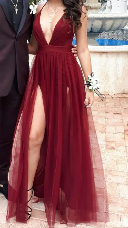 Score Big On Glamorous Red - Carpet Styles Sexy Burgundy V Neck A-line Tulle Prom Dress,Senior Prom Gown Y7071