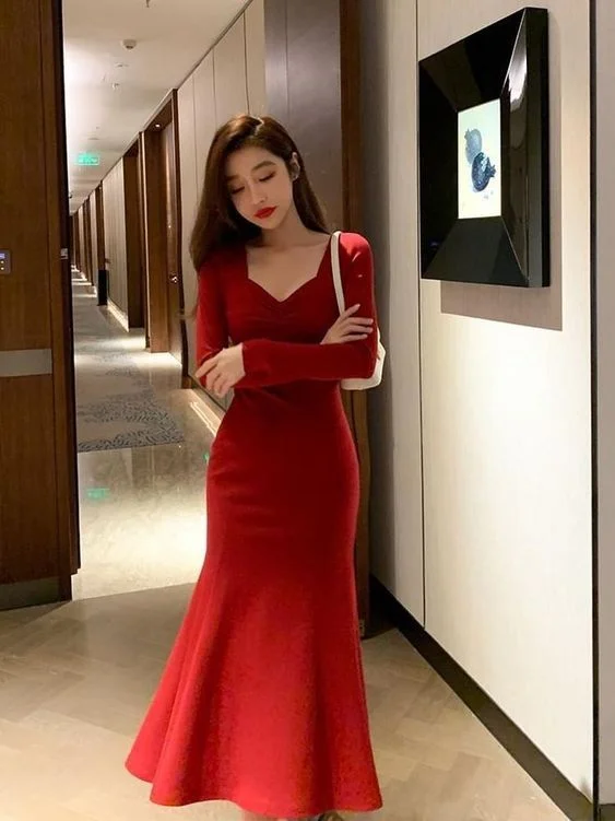 Anniversary Sale Red Long Sleeves Mermaid Evening Dresses Prom Gown Party Gowns Y5618