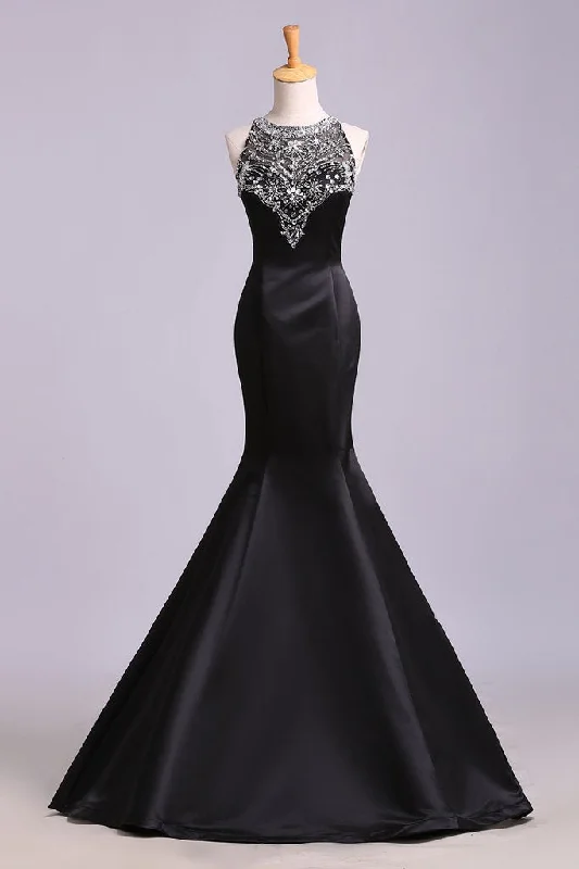 Special Offer Black Mermaid Sleeveless Beaded Satin Prom Dress, Long Evening Dresses M1507