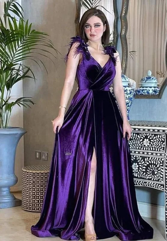 Tropical Island - Inspired Attire Sexy Purple Velvet A-line Prom Dress,Purple Evening Gown  Y5802