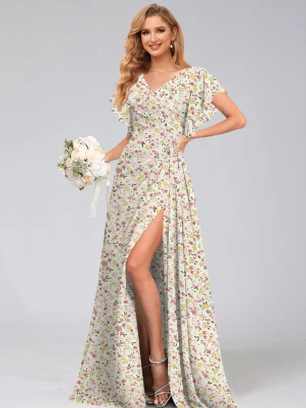 Elevate Your Wardrobe A-Line/Princess V-Neck Short Sleeves Watteau Train Floral Bridesmaid Dresses