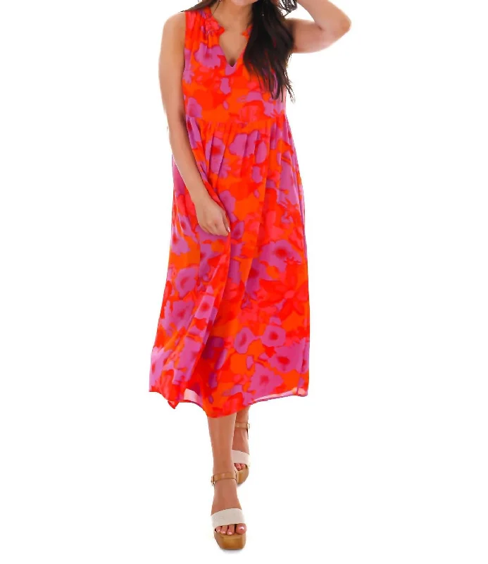 Limited - Stock Live Boldly Print Midi Dress In Orange Red