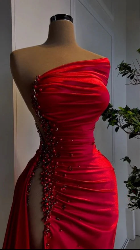 Flash Sale Sexy Red Beaded Satin Long Prom Dress with High Slit MD7718