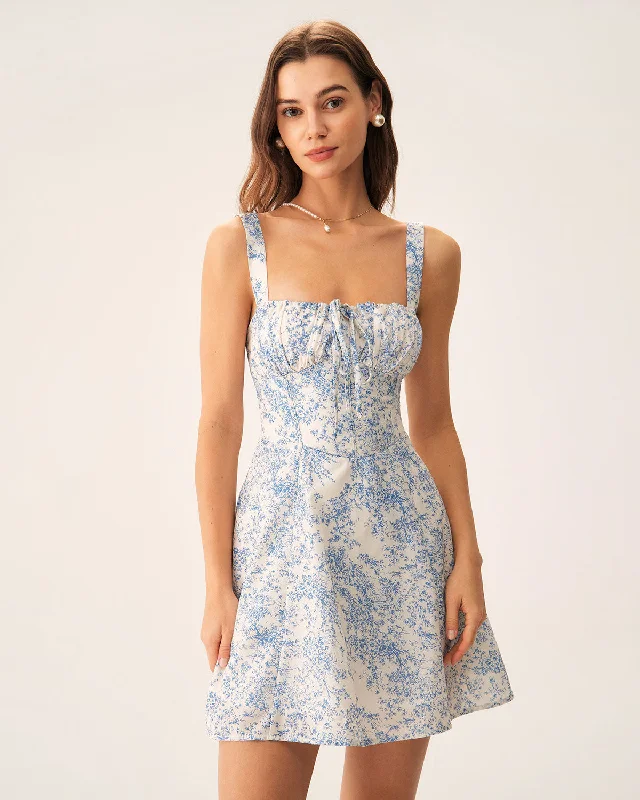 Spring Wardrobe Blue Floral Ruched Slip Corset Mini Dress