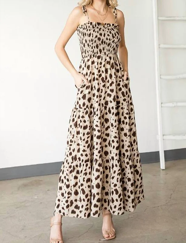 Beat The Heat In Tropical Styles Animal Print Tiered Maxi Dress In Mocha