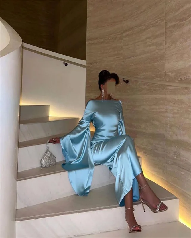 Save On Classic Elegant Styles Blue Long Sleeves Cross Back Mermaid Satin Long Party Dress MD7425