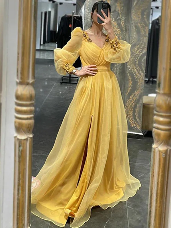 Limited Quantities Yellow Long Sleeves Luxury Appliques A-line Side-slit Organza Long Prom Dress, PD3496