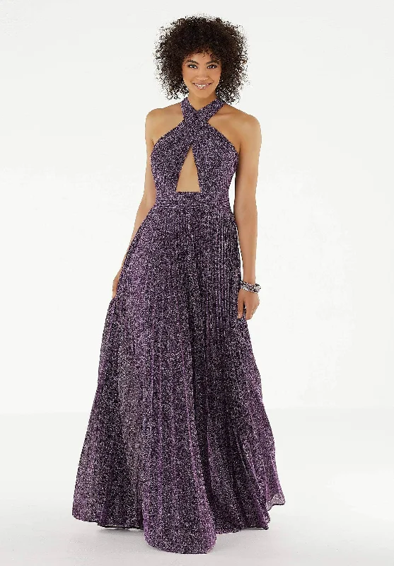 Women's Festive Attire Mori Lee - Halter Pleated Sparkle Mesh A-Line Dress 45012