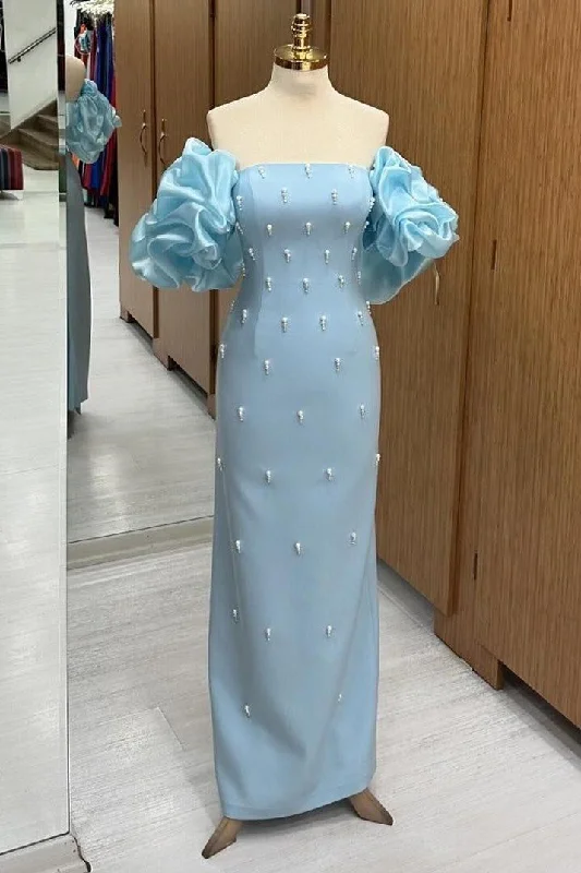 Update With Cottagecore Styles Light Blue Strapless Sheath Satin Beading Long Evening Party Dress MD7382