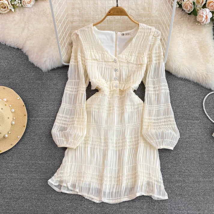 Spring Fashion Vintage Long Sleeves V Neck Ruffled Short A Line Chiffon Dress        S4937