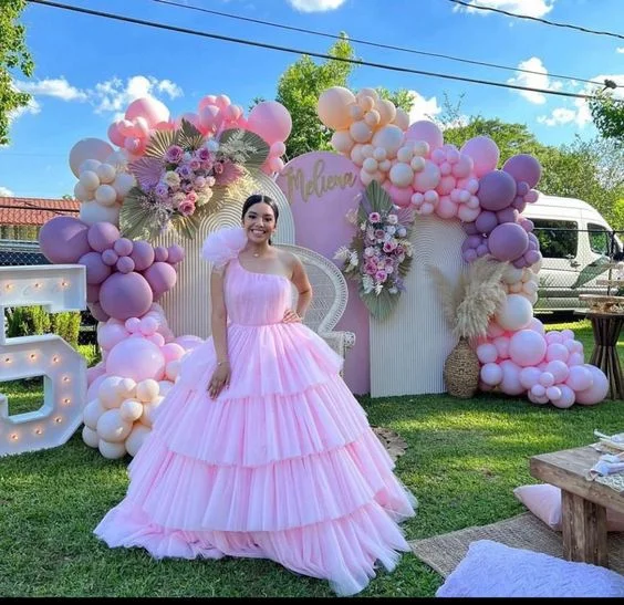 Spring Wardrobe Pink A-line Tiered Tulle Ball Gown,Pink Sweet 16 Dress Y6957