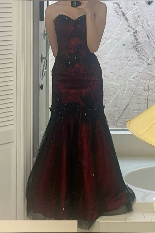 Chic Styles Wine Red Sweetheart Mermaid Lace Satin Long Party Dress Evening Gown MD7831